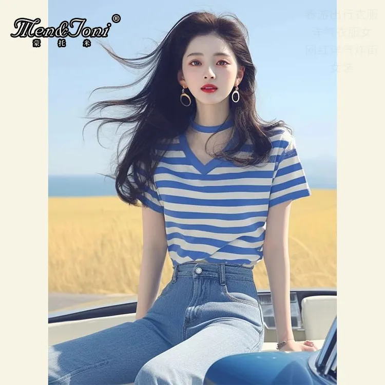 Men&Joni特超好看小众设计感别致上衣蓝色条纹显瘦短袖领恤女夏季