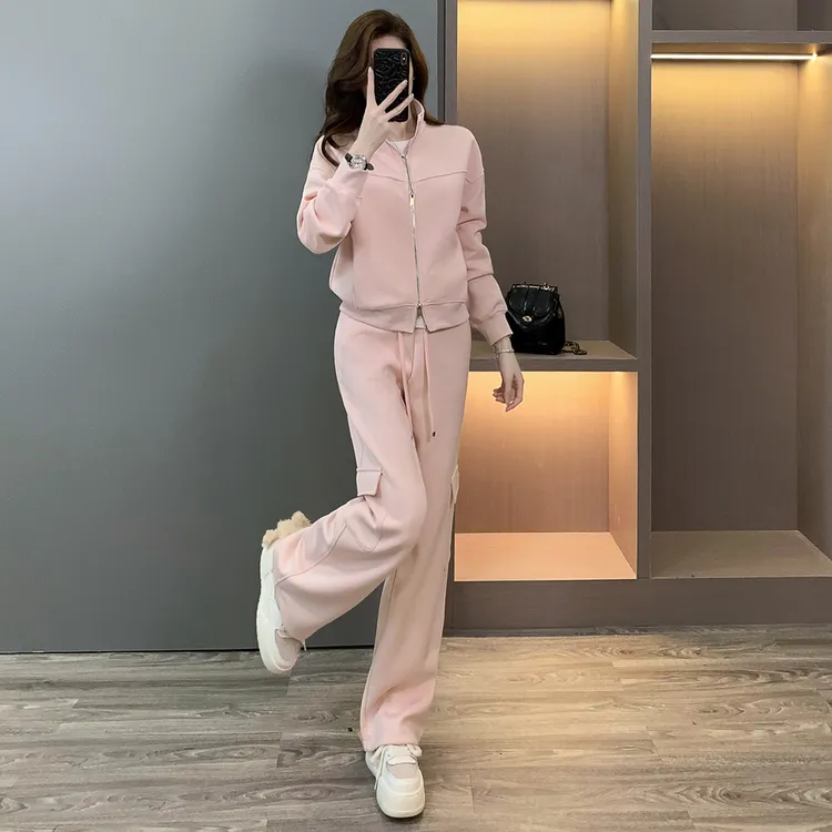 时尚休闲运动套装女春新款修双头拉链立领长袖上衣阔腿长裤三件套