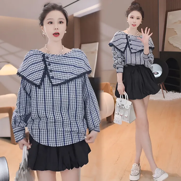 法式洋气时尚一字领独特衬衫女春秋格纹设计感百搭遮肉小众上衣潮