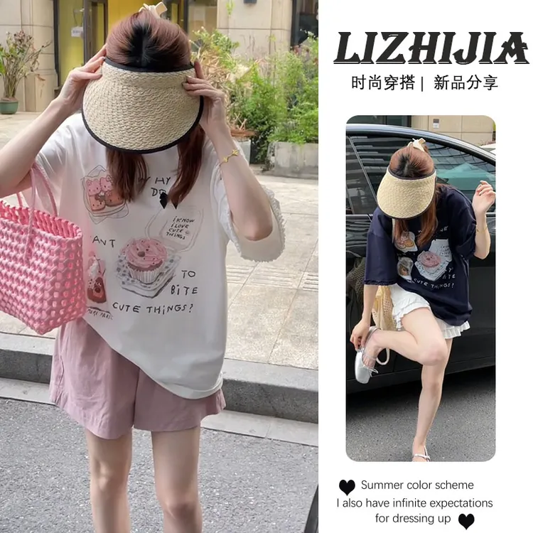 夏季穿搭一整套2025新款韩版印花短袖T恤百搭高腰花边短裤两件套