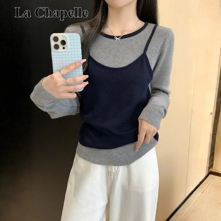 拉夏贝尔韩版撞色减龄假两件长袖打底内搭针织衫女2025秋冬新款款