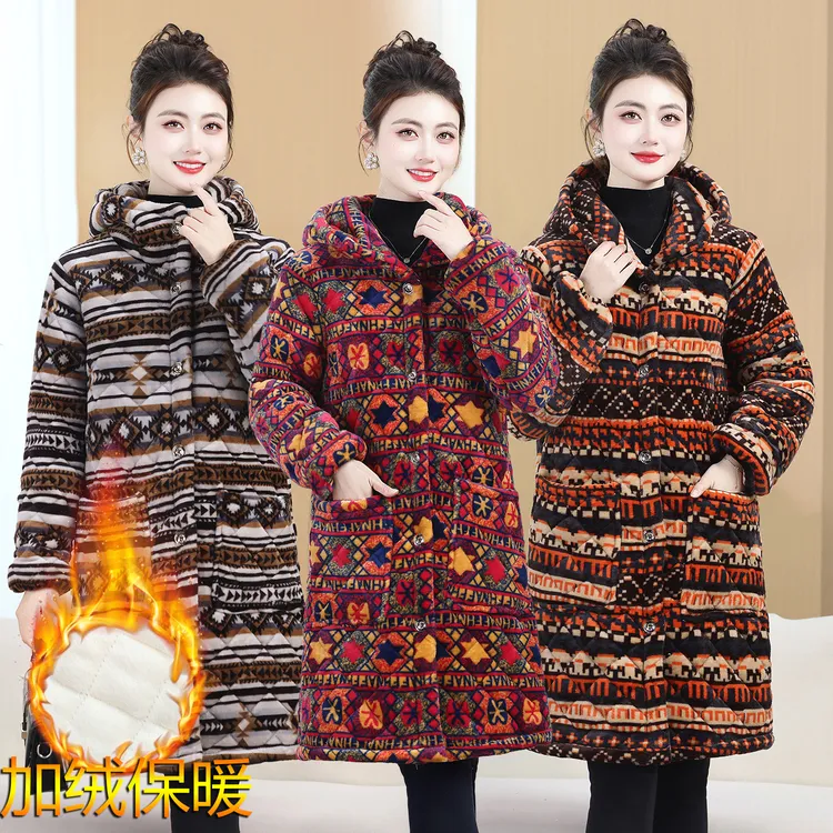 中老年民族风连帽棉衣女中长加厚保暖棉袄时尚外套加绒加厚棉罩衣