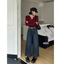 复古民族风刺绣花朵直筒奶奶裤牛仔裤女5227