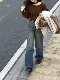 Barbie Siyu【刚需裤】26628冬季加绒显瘦法式休闲直筒牛仔裤