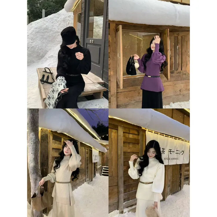 秋冬加厚毛衣女新款半高领灯笼袖针织显瘦收腰上衣 6139#