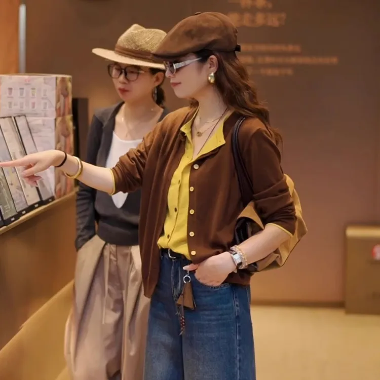 假两件撞色拼接长袖针织开衫女秋季2025新款显瘦半开领打底衫上衣