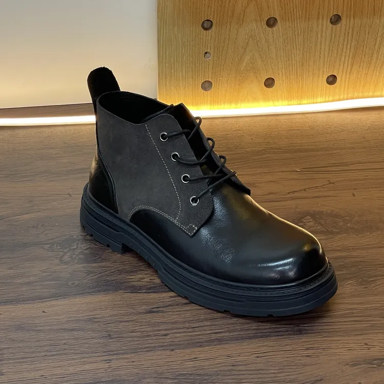 素面工装靴休闲风中帮耐磨马丁靴短靴系带厚底复古