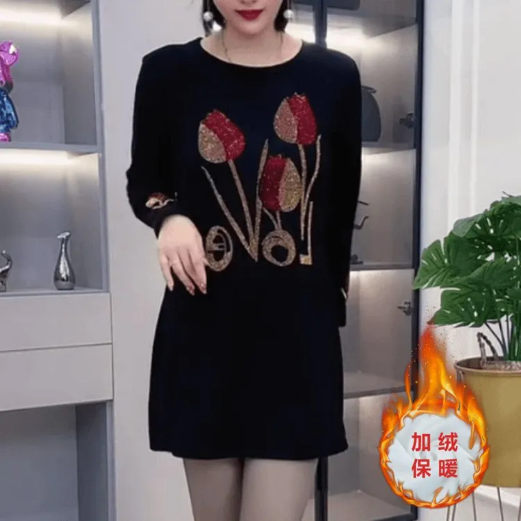 秋冬新款烫钻中长款加绒卫衣裙高弹力女装长袖圆领加厚大码妈妈裙