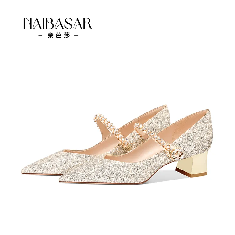 NAIBASAR/奈芭莎婚鞋女香槟色粗跟高跟鞋女单鞋浅口新娘鞋礼服鞋