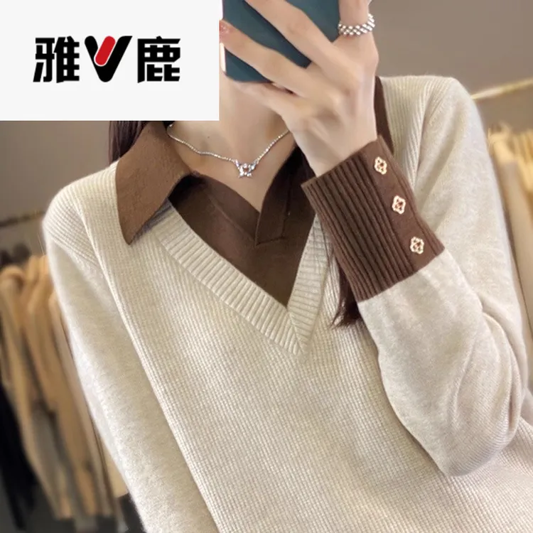 假两件翻领针织打底衫女春秋款内搭洋气大码女装秋