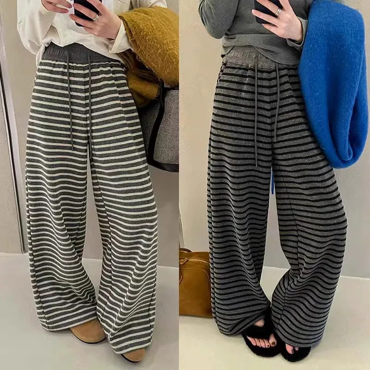 2026春季撞色条纹阔腿宽松慵懒感休闲风气质高腰垂感显瘦拖地长裤