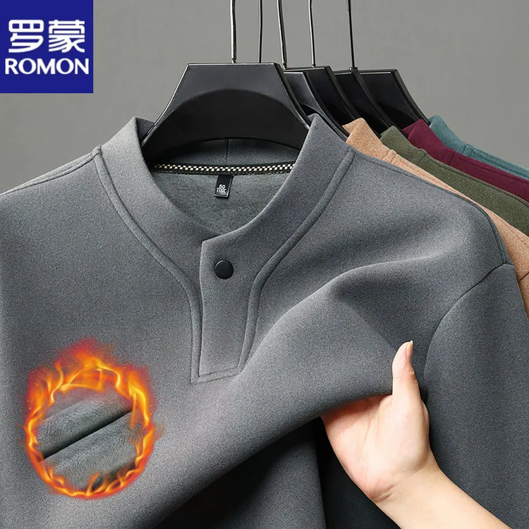 罗蒙男士加绒加厚德绒卫衣秋冬季纯色打底衫保暖圆领时尚纽扣上衣