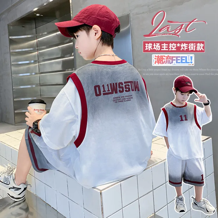 新款多色潮款洋气2025新款夏季潮流男童运动白色时尚短袖短裤两件