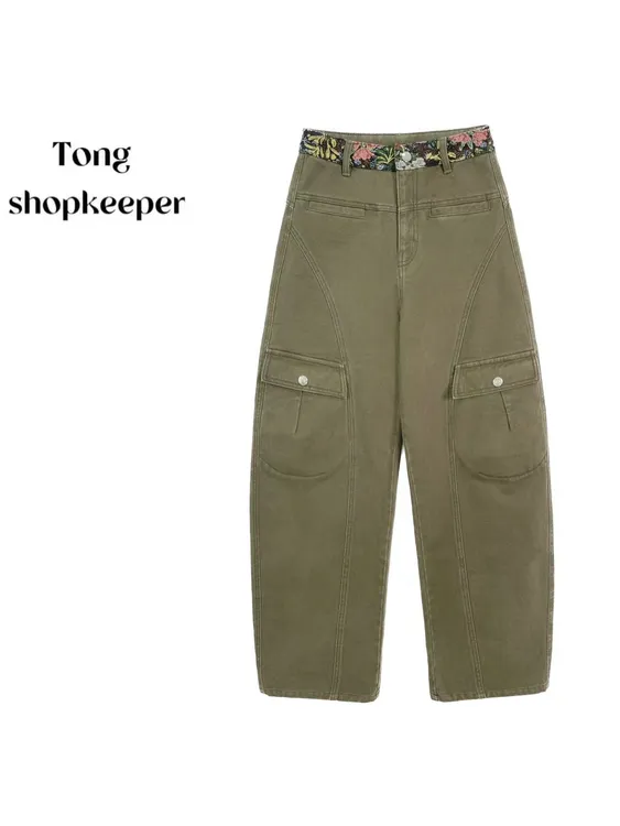 QJ/彤掌柜1682754 秋冬2025加绒七彩花纹时髦裤头设计工装休闲裤