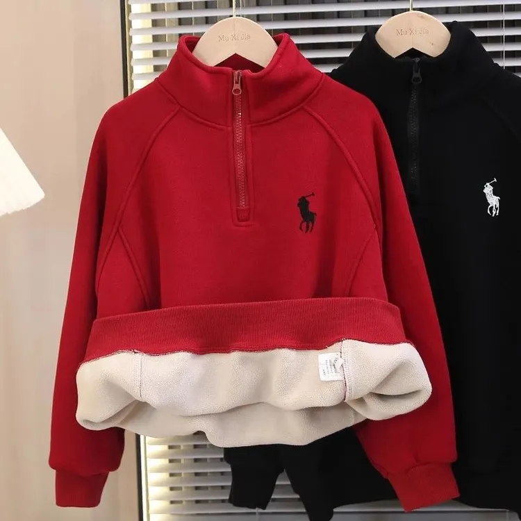 男童冬季加绒红色卫衣喜庆年服儿童半拉链上衣加厚保暖2025新款潮