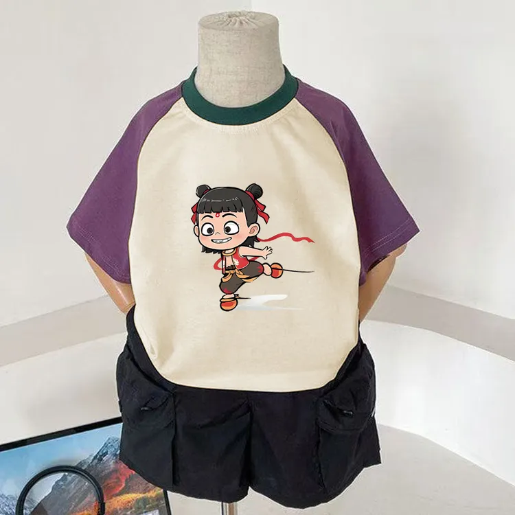 儿童t恤纯棉短袖哪吒卡通印花韩版宽松男童半袖圆领撞色女童体恤