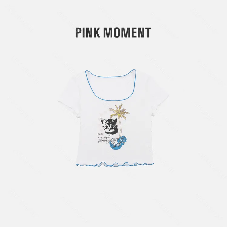 PM王囡囡 米白色猫咪椰子树撞色大领子T恤 ND1B1151