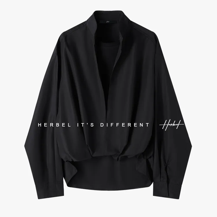 HERBEL/黑白2025秋季新款V领假两件长袖衬衫纯色前短后长衬衫