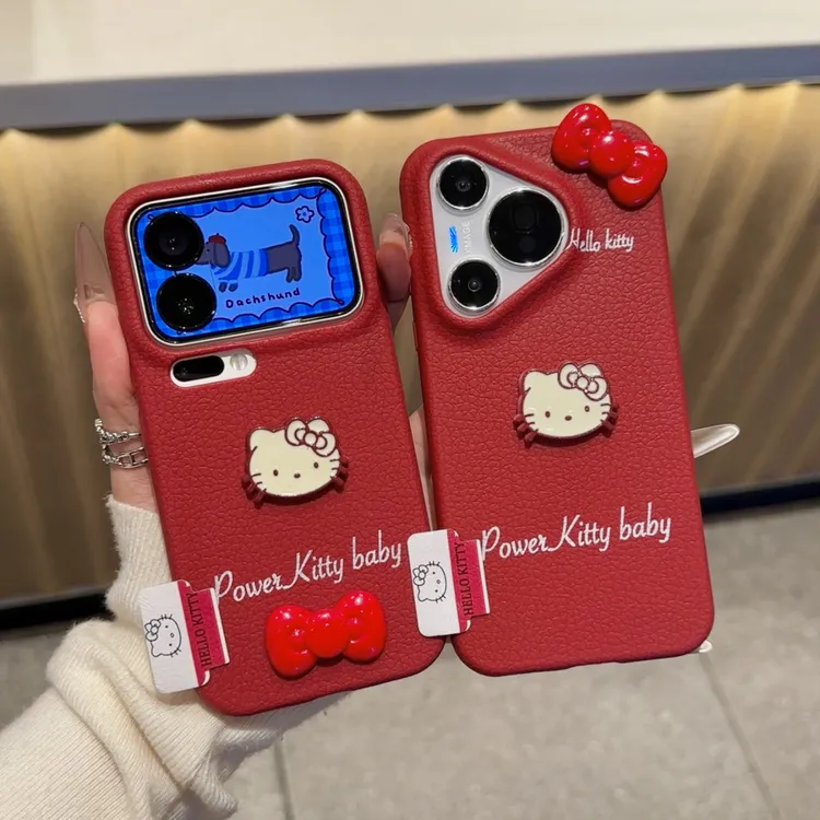 GGBond秋冬红蝴蝶结KT适用苹果16皮革纹手机壳小米17vivo华为oppo