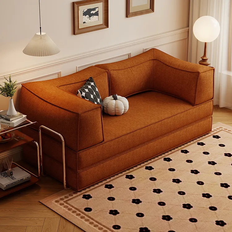 美物俪家中古风布艺沙发小户型客厅双三人直排折叠两用布丁沙发床