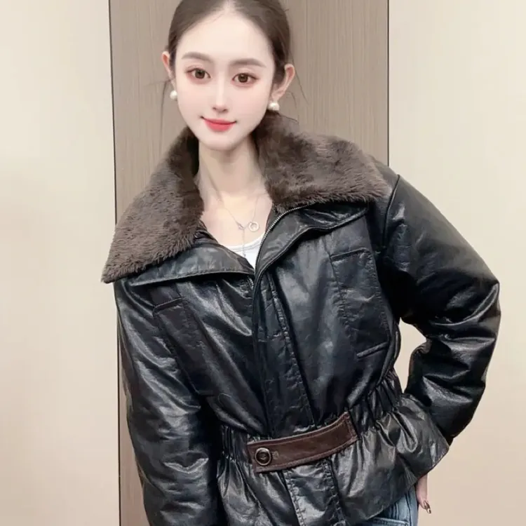 冬季新款宽松真皮牛皮油蜡鹅绒腰带大翻领58356