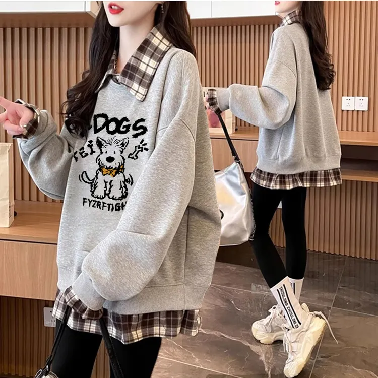 大码女装假两件薄款卫衣女秋冬新款韩版宽松百搭设计感加绒上衣潮