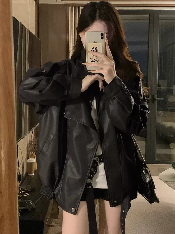 大码时尚洋气皮衣外套女装秋季酷飒风高级感夹克胖MM遮肉显瘦上衣