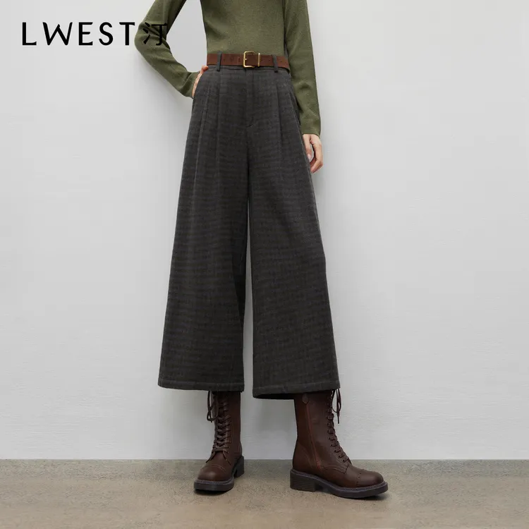 T朗文斯汀2025冬季新款复古格纹八分裤呢料宽松阔腿格子休闲裤