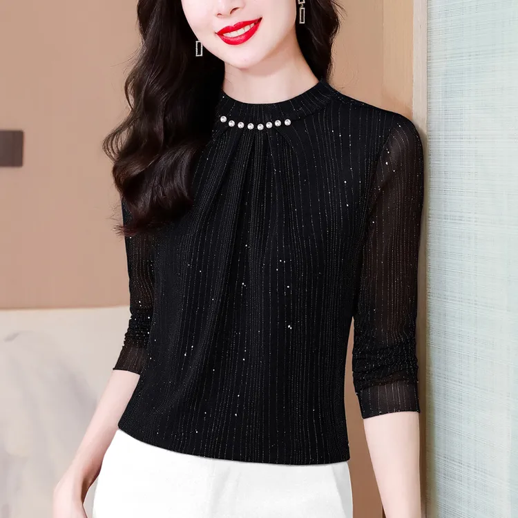 秋季新款圆领打底衫内搭女装网纱修身女士T恤长袖小衫气质397