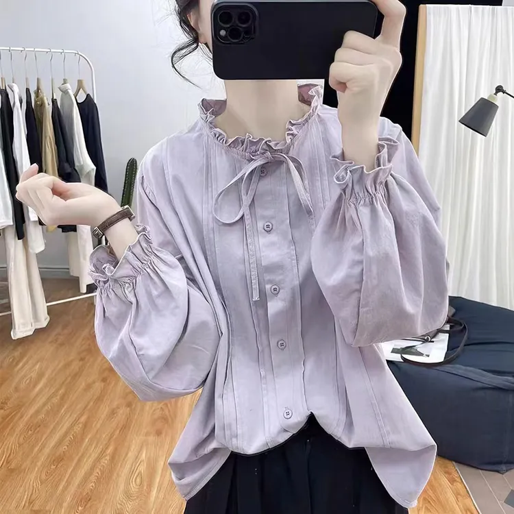 秋装设计感荷叶领系带纯棉荷叶袖长袖衬衫女减龄洋气新款百搭衬衣