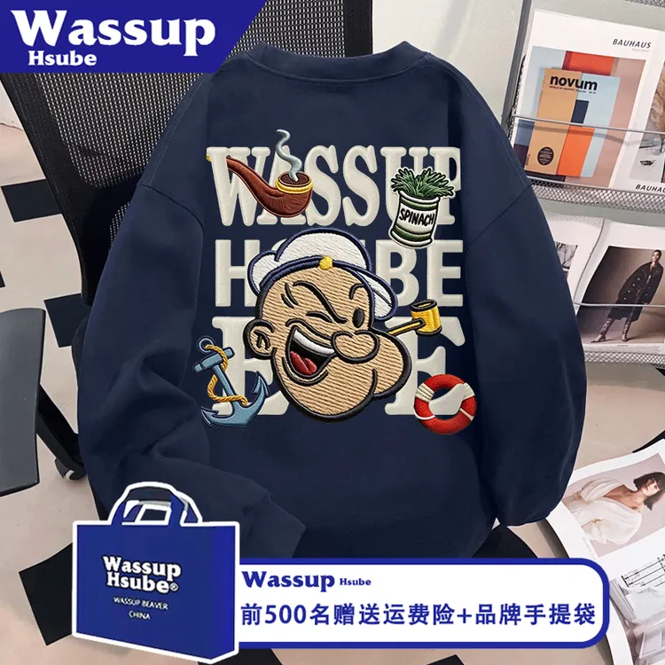 WASSUP HSUBE藏青色上衣ins秋季美式卡通印花T恤男女款100%棉长袖