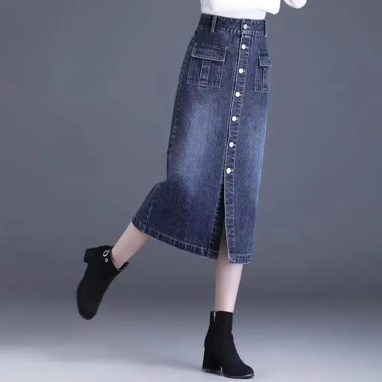 牛仔裙半身裙女春夏2025新款前口袋单排扣包臀长裙直筒高腰一步裙