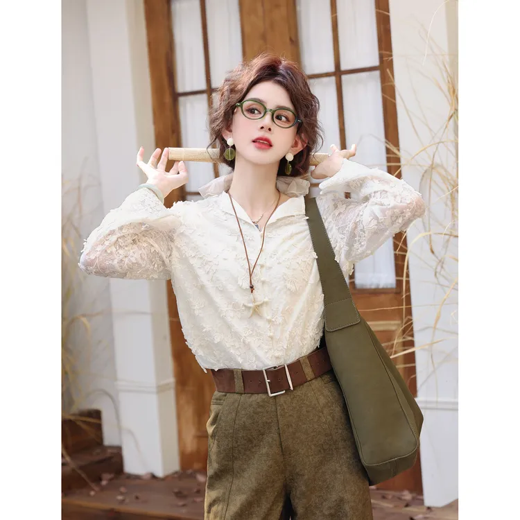 陈大器【月缕霜花】港风复古蕾丝花边长袖百搭宽松衬衫JR3882314