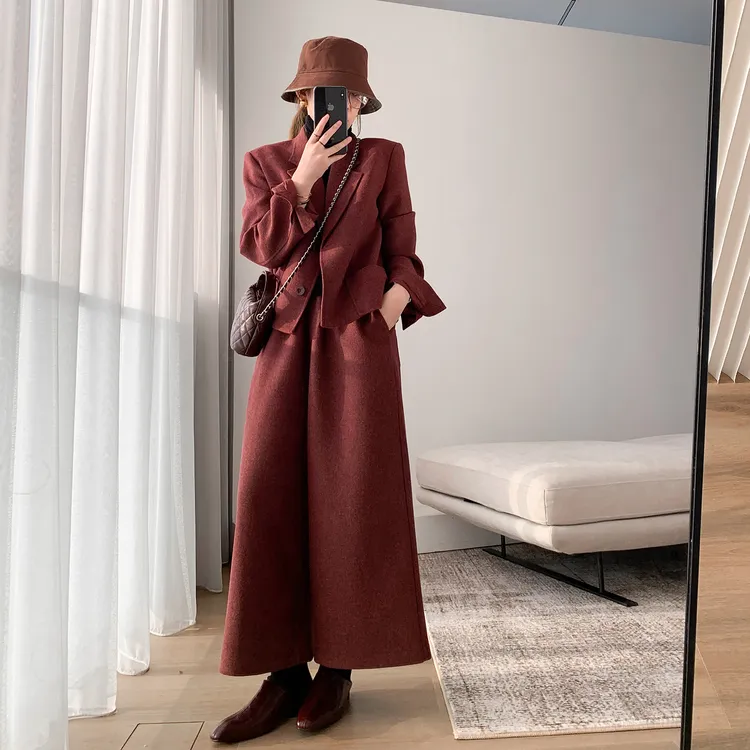 懂点毛呢外套女2025冬季新款韩版羊毛阔腿裤两件套装女