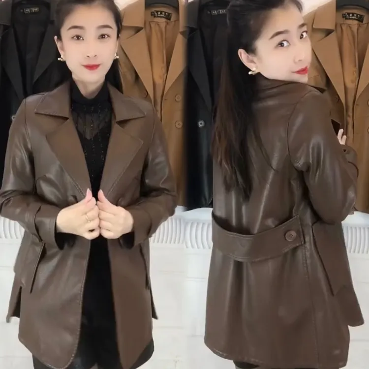 高级感皮衣外套女春秋2025新款爆款休闲西装领中长款pu皮夹克上衣