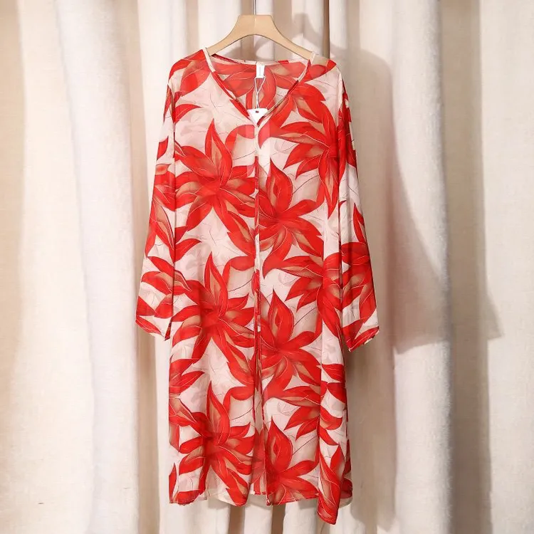 711新款枫叶红上衣宽松显瘦时尚女士v领款中长款百搭