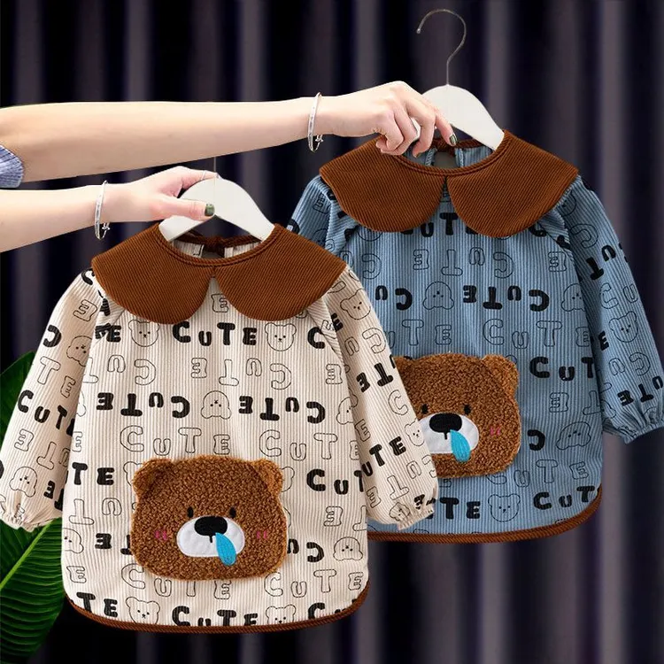 儿童罩衣秋冬长袖围裙吃饭围兜防水防脏幼儿园3-5岁护衣洋气外穿Q