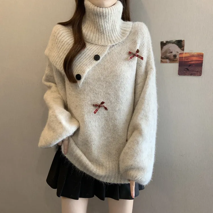 宽松慵懒风蝴蝶结针织衫女秋冬新款胖mm中长软糯减龄毛衣+围巾ins