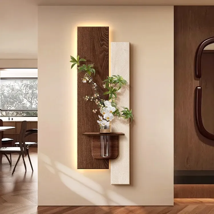 中古风玄关装饰画简约水培绿植立体过道尽头挂画入户造型墙壁灯画