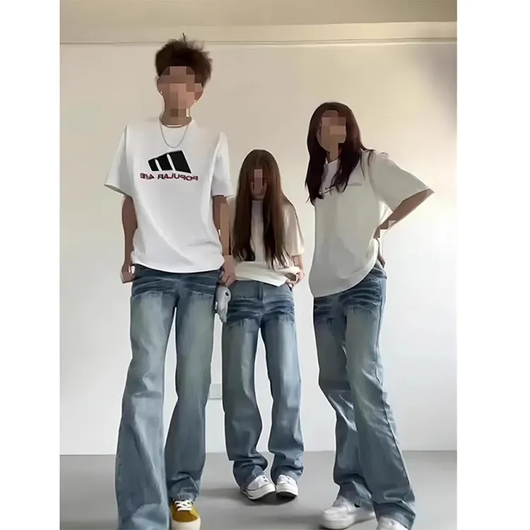 cleanfit微喇牛仔裤水洗浅蓝色闪电纹美式裤子男款夏季高街直筒裤