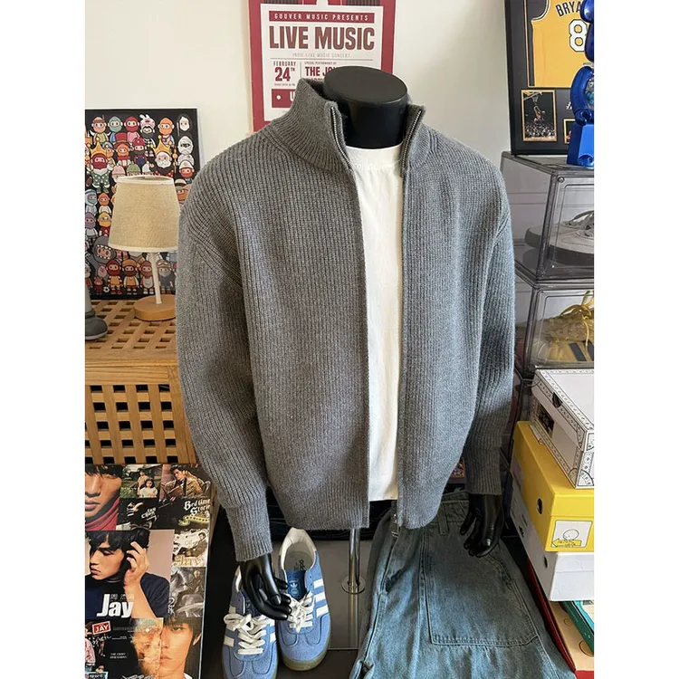 开衫立领双拉链毛衣男女款秋季慵懒风针织衫cleanfit美式夹克外套