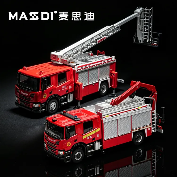 麦思迪1:64斯堪尼亚抢险救援消防车登高消防仿真合金汽车模型
