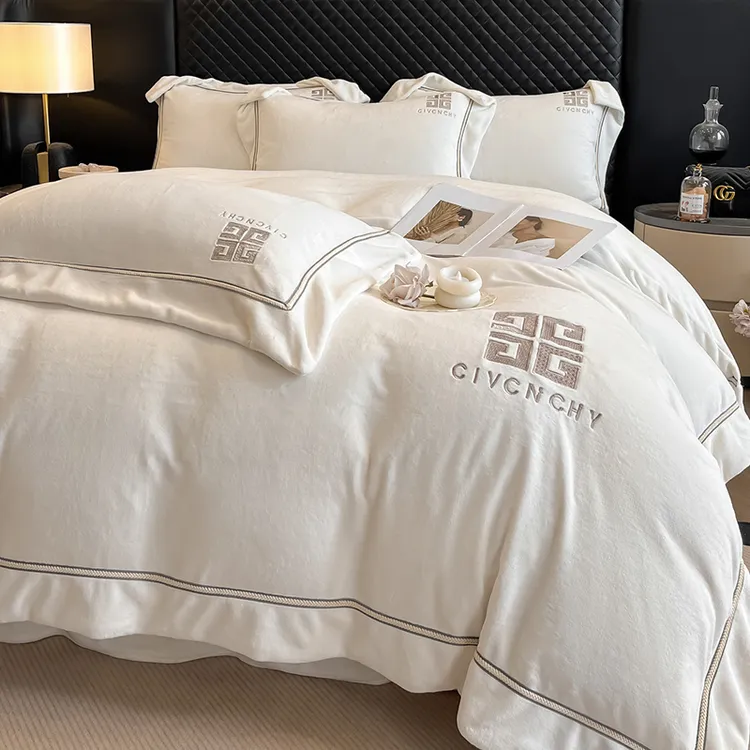 加厚保暖牛奶绒刺绣四件套-梵奢系列简约水晶绒绣花磨毛加绒双面