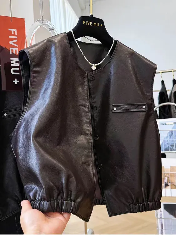 皮马甲女短款2025秋季新款韩系宽松显瘦皮衣外套坎肩无袖夹克上衣