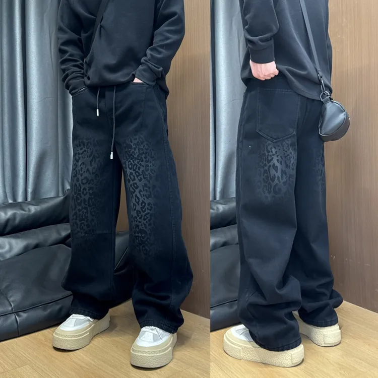 美式高街潮流个性豹纹阔腿牛仔裤冬季加绒宽松直筒垂感百搭休闲裤