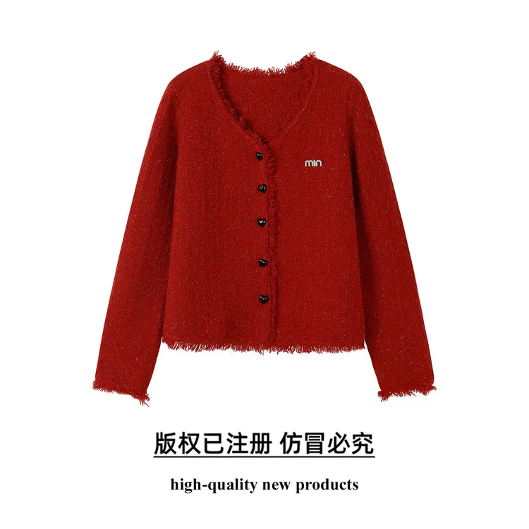 奢姿大码女装2025秋季粗花毛边V领针织衫胖妹妹min立体装饰上衣