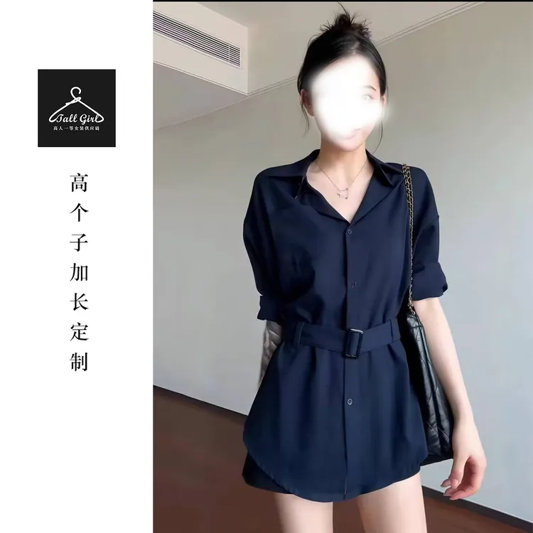 「小御姐」高个子加长法式复古绑带设计感收腰长袖衬衫