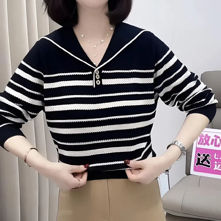 【80-160斤】海军领翻领条纹V领提花针织衫2025春季打底长袖318