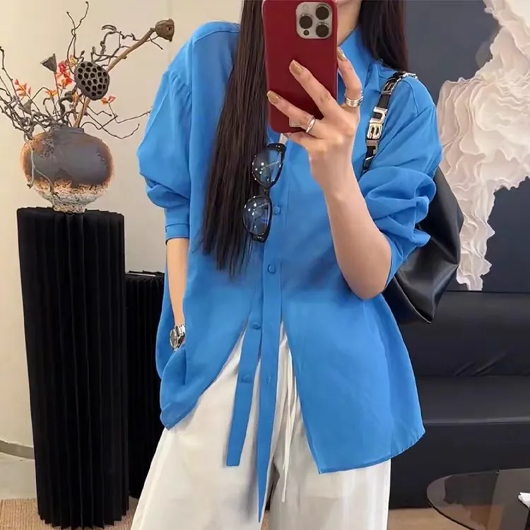 Polo领长袖衬衫女2025夏季新款宽松薄款显瘦百搭防晒上衣 58091