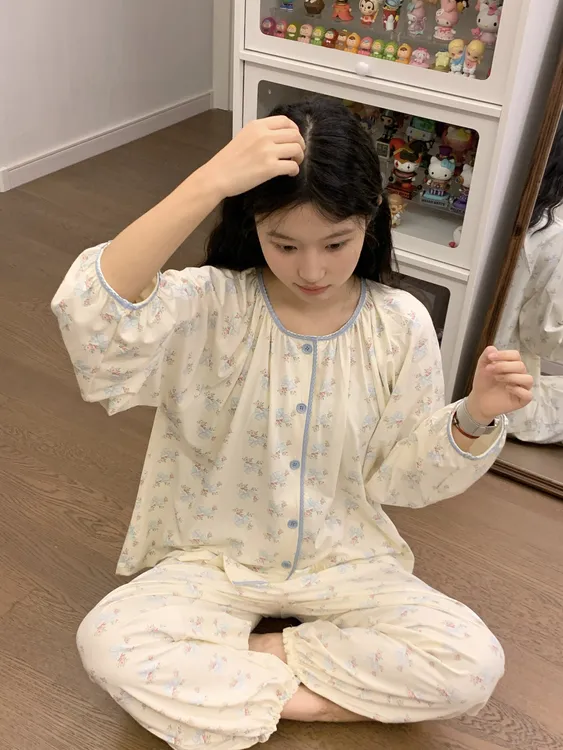 少女甜美蝴蝶结碎花睡衣女春秋新款韩版宽松大码长袖长裤家居服